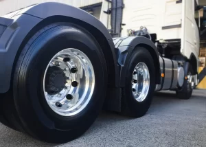 New truck with shiny polished rims ready for delivery to the new business owner