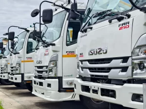 A row of new Isuzu trucks lined up on display at a dealership