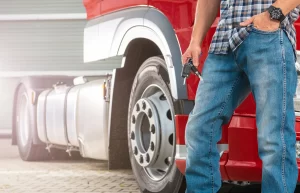 A truck driver is standing beside his new red truck holding the keys