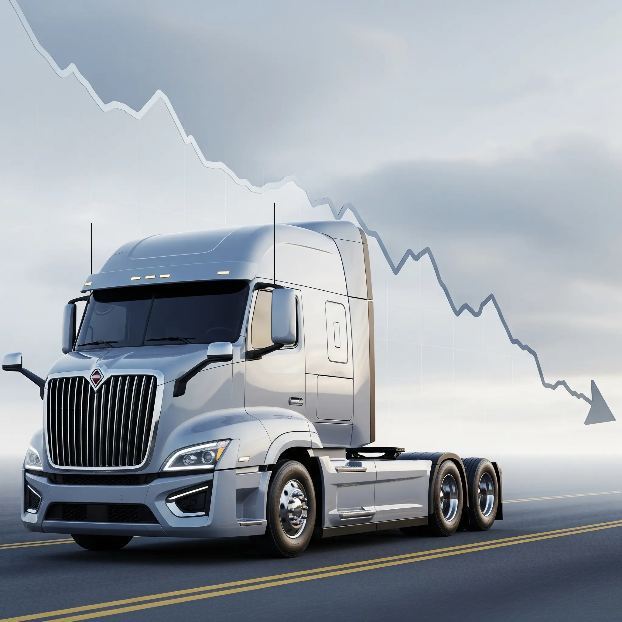Modern truck on a road with a downward trending graph, symbolizing lower truck finance rates for 2025.
