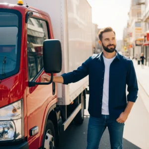 A man is standing next to his new business truck with one hand on the door handle