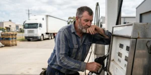 Tired truck driver leaning on a fuel pump while refuelling at a truck stop.