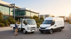 Man with tablet standing beside a small white pickup and a white delivery van outside a modern office building, ready for service.