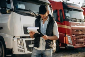 A logistics professional reviews delivery paperwork, including documents referencing current RBA base rates, in front of a fleet of semi-trucks.