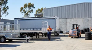 An Australian business operator in high-visibility workwear inspects a range of new heavy-duty trailers in a text-free commercial yard, preparing to upgrade assets.