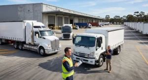 A commercial truck yard featuring modern heavy and medium-duty transport vehicles, with a fleet manager reviewing data on a tablet while speaking with a business operator in front of a white rigid truck