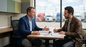 A finance broker in a navy blazer speaks with a male client across a wooden desk in a modern office, reviewing paperwork together. Outside the large office window, several semi-trucks are parked in a lot under a bright sky.
